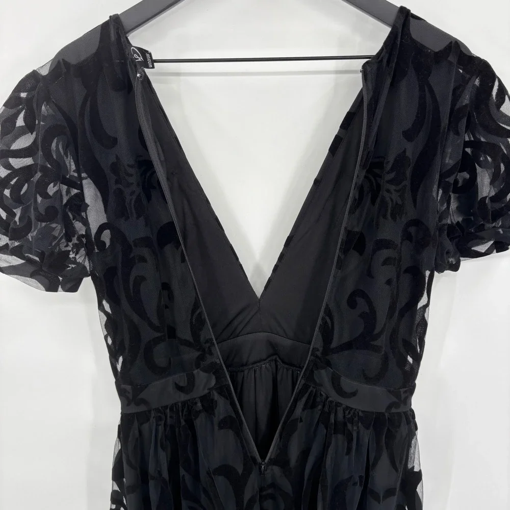 Windsor Black Velvet Burnout Mesh Maxi Dress‎ Short Sleeve V Neck S - Picture 13 of 16